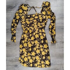Floret Studios Brown Yellow Floral Ruched Long Sleeve Minidress S‎ Zip Bodycon